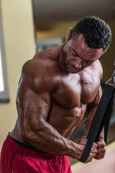 Bodybuilder doing heavy weight exercise for triceps with cable — Stock Photo, Image