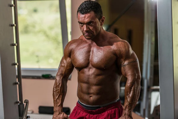 Male bodybuilder doing heavy weight exercise for trap — Stock Photo, Image