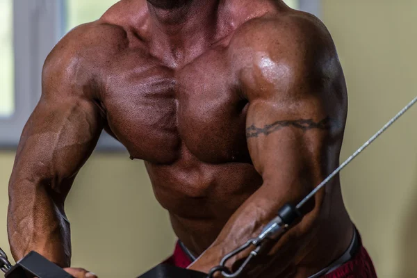 Shirtless construtor de corpo fazendo de pé imprensa cabo branco para o peito — Fotografia de Stock