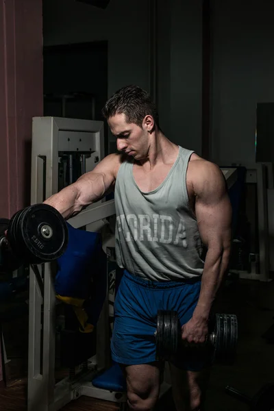 Fisiculturista fazendo exercício de peso pesado para o ombro halteres brancos — Fotografia de Stock