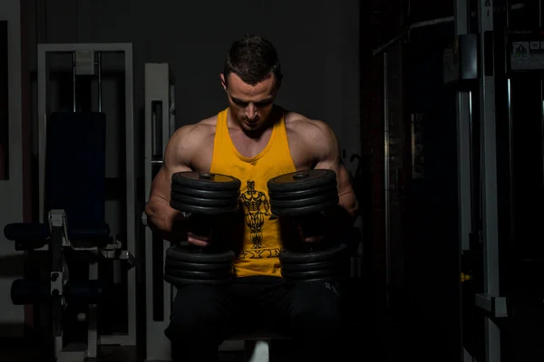 Fitness trainer posing with dumbbells — Stock Photo, Image