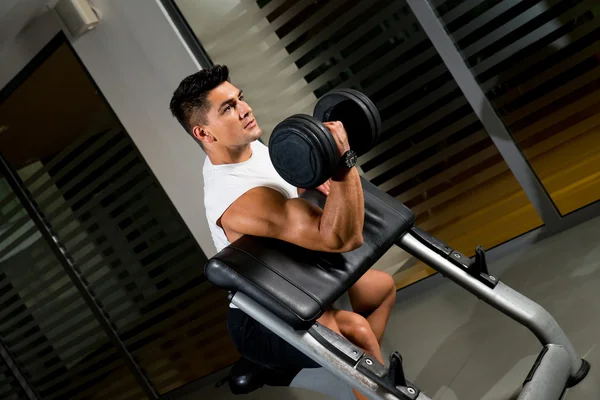 Spor salonunda dambıllarla egzersiz yapan genç bir adam. — Stok fotoğraf
