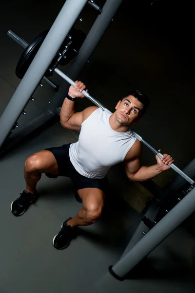 Fitness Trainer doing squats with barbells — Stock Photo, Image