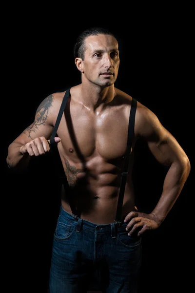 Shirtless Man with Suspenders — Stock Photo, Image