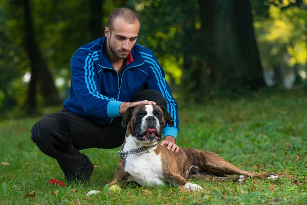 Man leker med hund i parken — Stockfoto