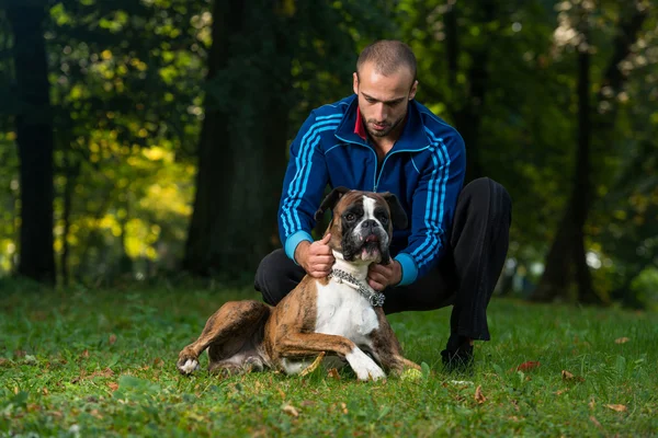 Omul și boxerul său german — Fotografie, imagine de stoc