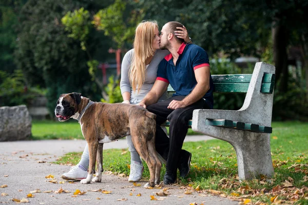 Młodzi ludzie z psem w parku — Zdjęcie stockowe