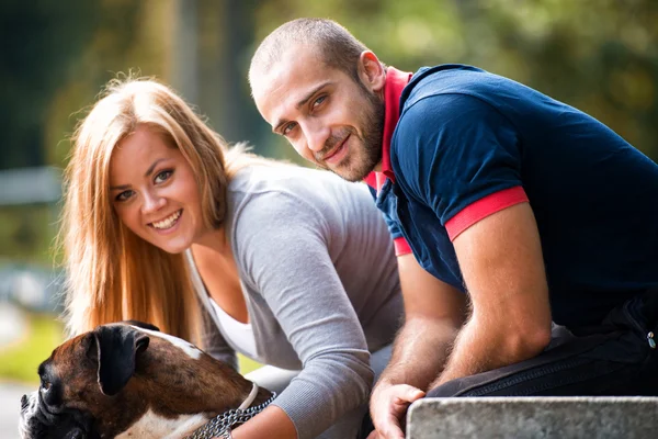Hübsche junge Familie mit Hunden — Stockfoto