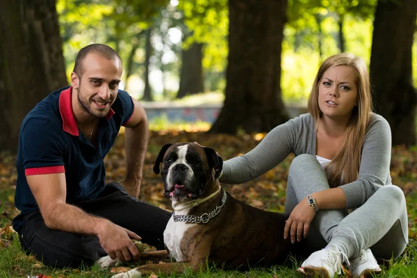 Coppia felice con Boxer tedesco — Foto Stock