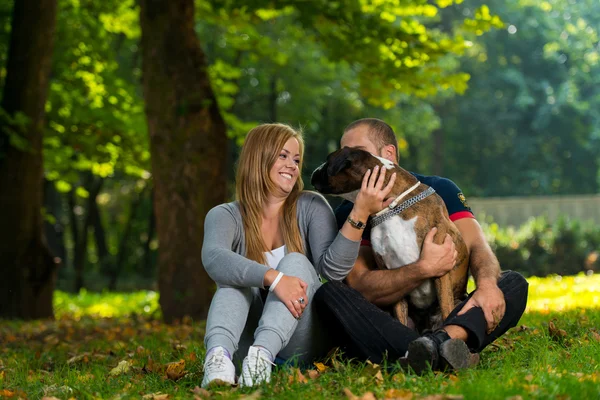 Pareja sentada al aire libre con su mascota perro alemán boxeador —  Fotos de Stock