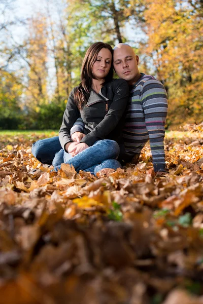 Pár sedí spolu v lese během podzimu — Stock fotografie