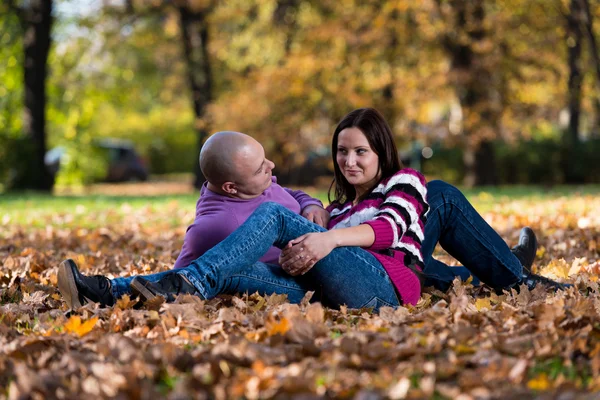 Happy Couple Sitting Together In The Woods During Autumn — Stock Photo, Image