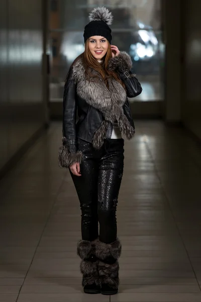 Happy Young Woman Wearing Black Hat — Stock Photo, Image