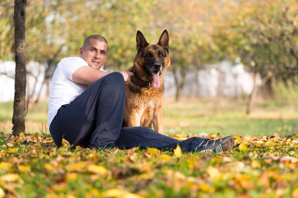 公園で犬ジャーマン ・ シェパードと遊ぶ人 — ストック写真