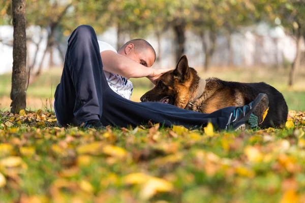 Homem segurando cão pastor alemão — Fotografia de Stock