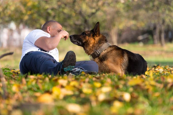 Homem brincando com cão pastor alemão no parque — Fotografia de Stock