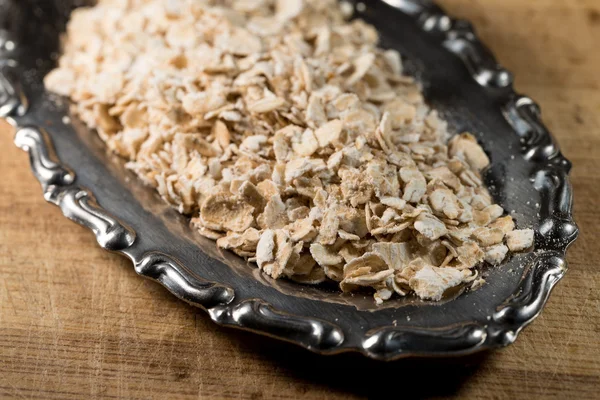 Oat Flake In A Metal Bowl — Stock Photo, Image