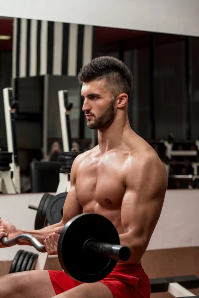 Homem muscular exercício bíceps — Fotografia de Stock