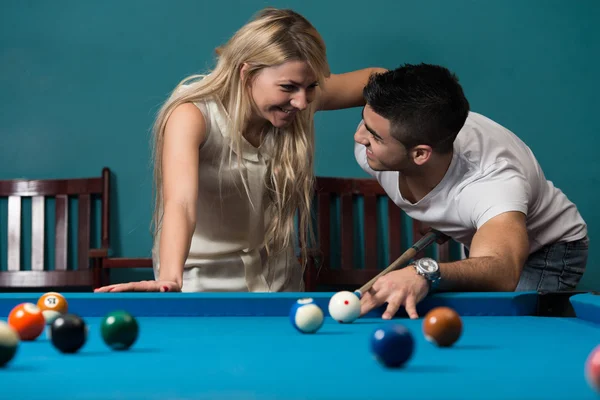 Boy And Girl Flirting On A Pool Game — Stock Photo, Image