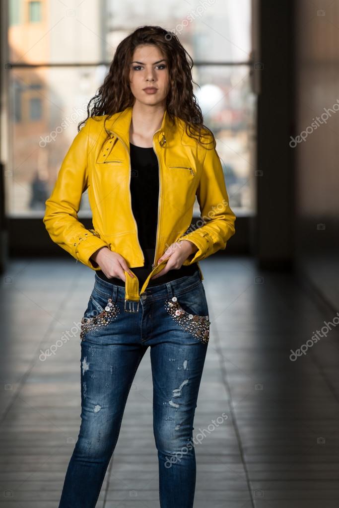 Model Wearing Yellow Leather Jacket — Stock Photo © ibrak 41285709