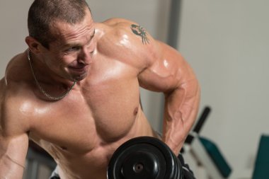 sağlıklı bir insan dumbbell ile sırt egzersizleri yapıyor