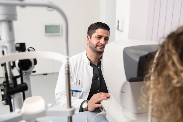 Portrait Cheerful Friendly Eye Doctor Sitting His Office — Stockfoto