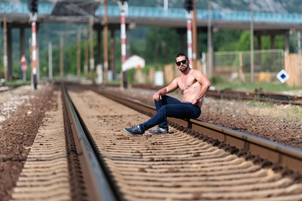 Pohledný Vousáč Odpočívající Pózování Venku Železnici Vozu — Stock fotografie