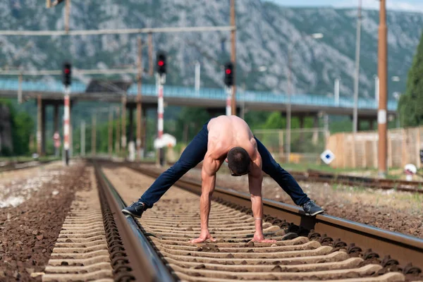 Handsome Man Standing Strong Stretching Outdoors Railroad Wagon — Stock Photo, Image