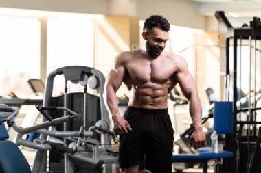 Spor Salonunda Güçlü Duran Genç Adam - Kas Atletik Vücut Geliştirici Spor Sonrası Spor Pozisyonu