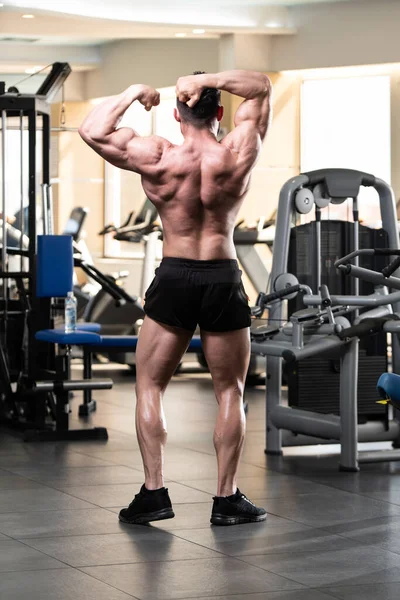 Yakışıklı Genç Adam Spor Salonunda Güçlü Duruyor ve Kaslarını Geriyor - Kas Atletik Vücut Geliştirici Spor Sonrası Spor Pozisyonu