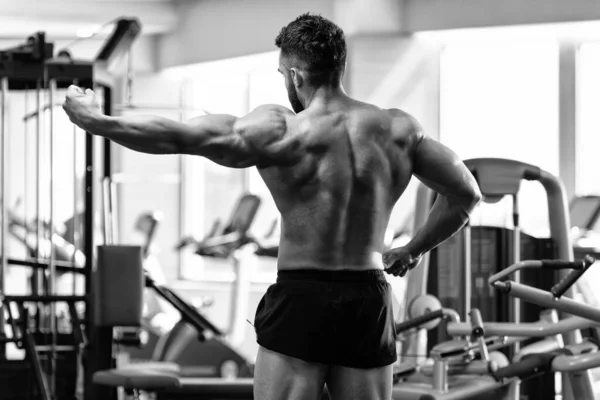 Healthy Young Man Standing Strong Gym Flexing Muscles Muscular Athletic — Stock Photo, Image