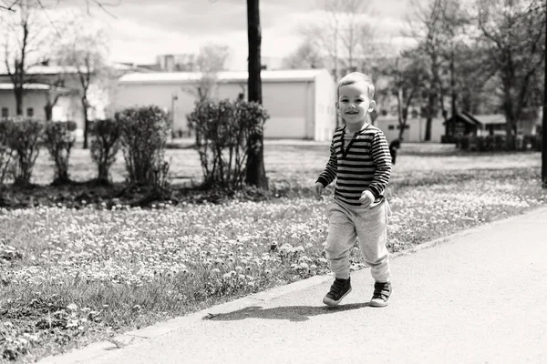 Happy Little Boy Disfruta Jugando Corriendo Parque Niño Activo Divirtiéndose —  Fotos de Stock