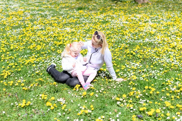Jovem Mãe Bebê Felizes Sentados Grama Juntos Parque Verão — Fotografia de Stock