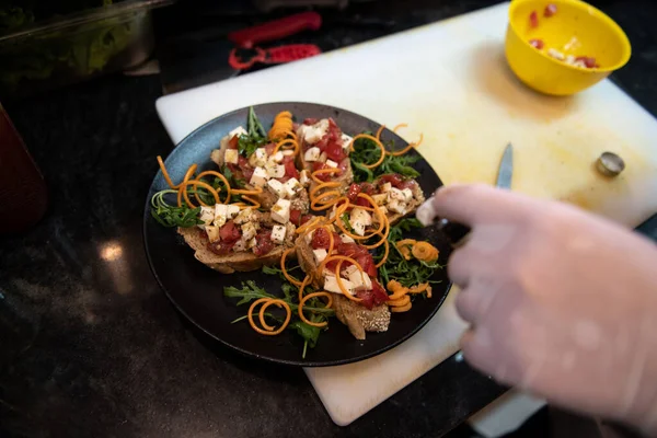 Close Hands Female Chef Making Meal Decorating — Stock Photo, Image