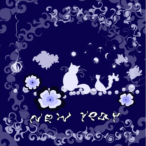 Ilustrace s kočkami v noci na tmavě modrém pozadí — Stockový vektor