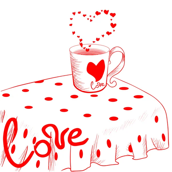 부엌 식탁에 빨간 컵입니다. 발렌타인 데이 카드. — 스톡 벡터
