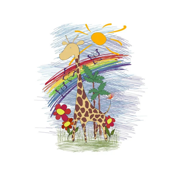 Ilustración infantil con jirafa. Buen tiempo . — Archivo Imágenes Vectoriales