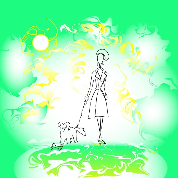 Tierra verde y chica con perro en estilo de boceto — Vector de stock