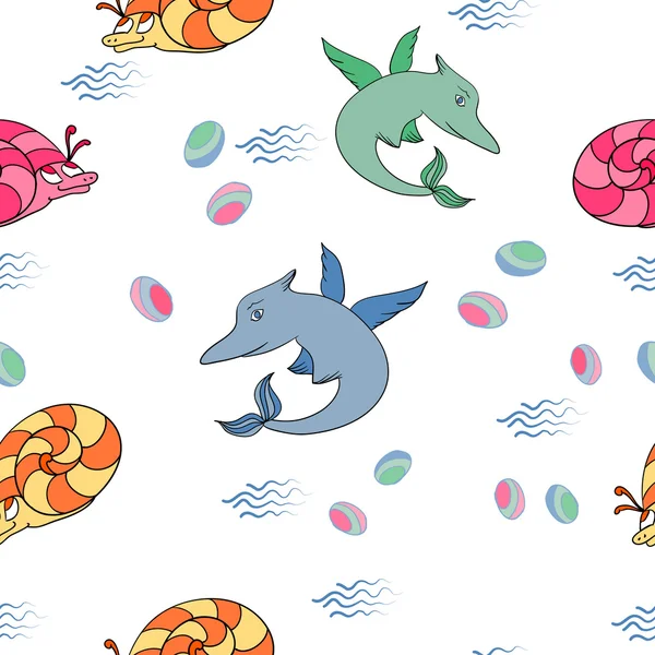 Delfin és csiga varrat nélküli mintát. lehet használni a textil desig — Stock Vector