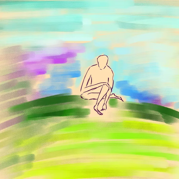 Human relax in meditation pose. Artistic work, hand drawn by oil and acrylic.Canvas textured. — Stock Photo, Image