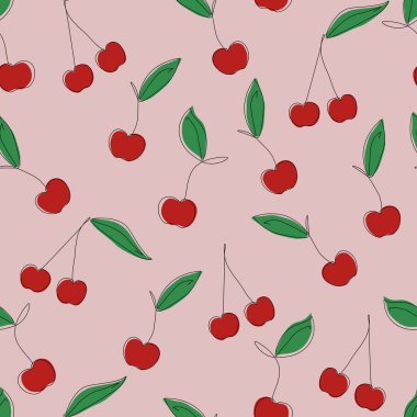 Kirazsız desen. Pembe arka planda olgun kırmızı kiraz meyveleri. Tekstil, ambalaj, giysi, duvar kâğıdı için moda bir yazı baskısı. Renkli, kesintisiz bir taslak. Vektör illüstrasyonu