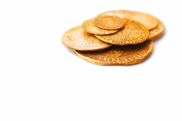 Pile Old Golden Coins Isolated White Background Concept Savings Economic — Foto de Stock
