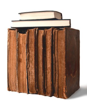 Old shabby and new books on white background. Old vs new concept. Closeup