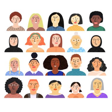 Beyaz arka planda izole edilmiş çeşitli kadın portreleri koleksiyonu. Düz elle çizilmiş kadın karakterler vektör çizimi. Çok kültürlü farklı etnik kökenden insanlar grubu, Avatar tasarımı