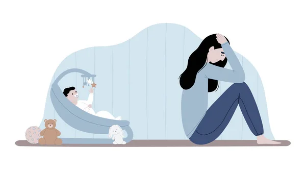 Doğum sonrası depresyon konsept vektör çizimi. Bebek koltuğunda bebek gibi yürüyen düz stil bir çocuk ve üzgün depresif bir anne. Doğum bunalımı, doğum sonrası disfori, endişe. Zihinsel bozukluk