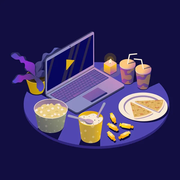 Yemek ve dizüstü bilgisayarlı film gecesi konsepti, izometri vektör çizimi. İki kişilik romantik bir akşam, evde online televizyon programı izliyoruz. Patlamış mısır, dondurma, pizza ve soda ile alem yapmak.