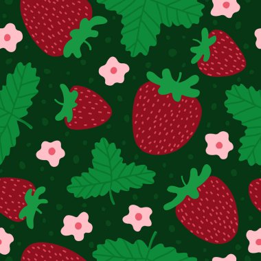 Çilek vektörü kusursuz desen. Karanlık arka planda düz yaz meyveleri. El yapımı kırmızı böğürtlen, çiçekler ve yapraklar. Sulu renkli tekstil baskı tasarımı, tipografi