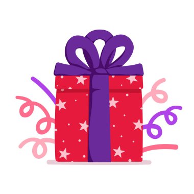 Hediye vektör çizimi. Fiyonklu düz kutu, karikatür festivali sürprizi. Doğum günü, beyaz arkaplanda izole edilmiş noel ödülü