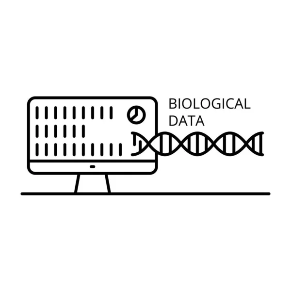 Biyolojik veri ve DNA molekülü vektör illüstrasyonuyla bilgisayar monitörü. Biyoenformatik ve biyoteknoloji. Bilimsel satır simgesi, veri tabanları ve biyoverilerin toplanma ve analizi kütüphaneleri