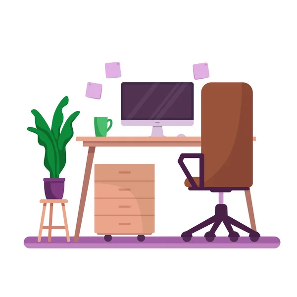 Office Interior Flat Vector Illustration Cartoon Desk Computer Chair Potted — Stock Vector